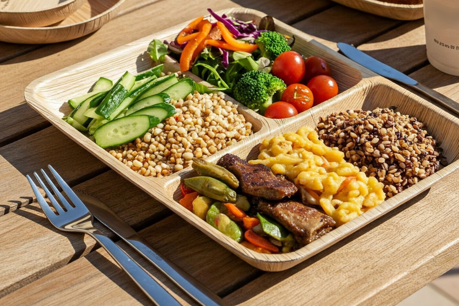 palm leaf plates bento style meal