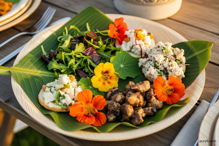 food display on palm leaf plates