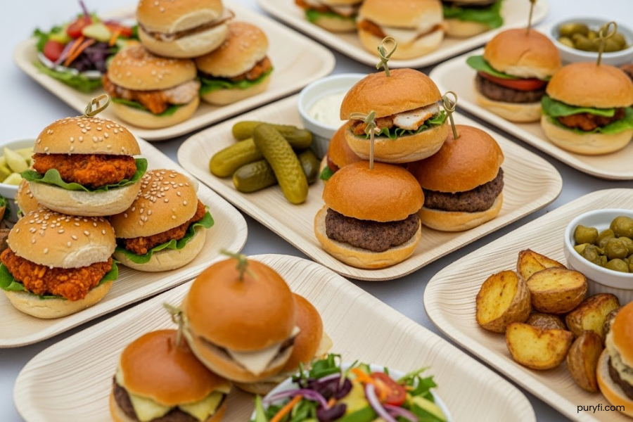 food display on palm leaf plates