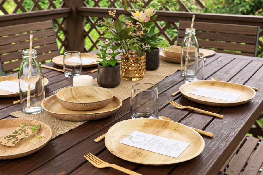 Formal table setting with palm leaf plates